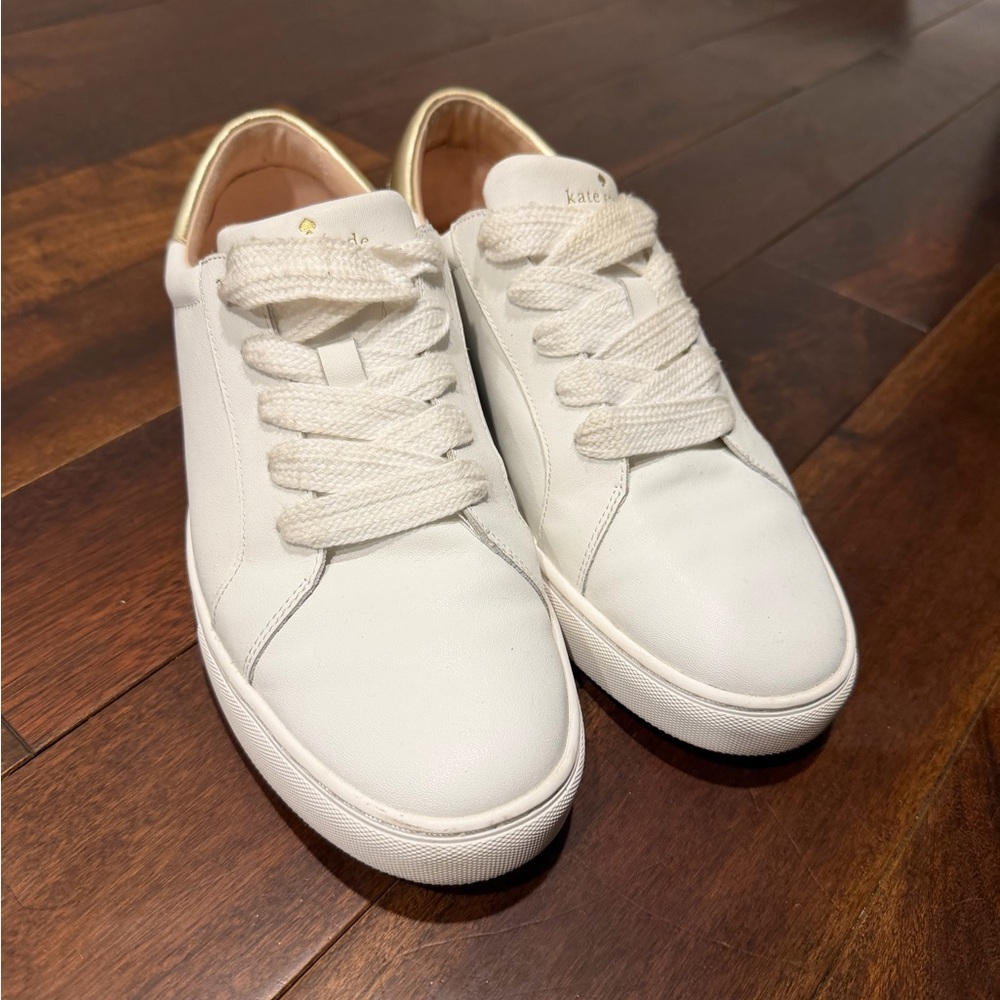 kate spade White Leather Sneakers with Gold Heel Accent